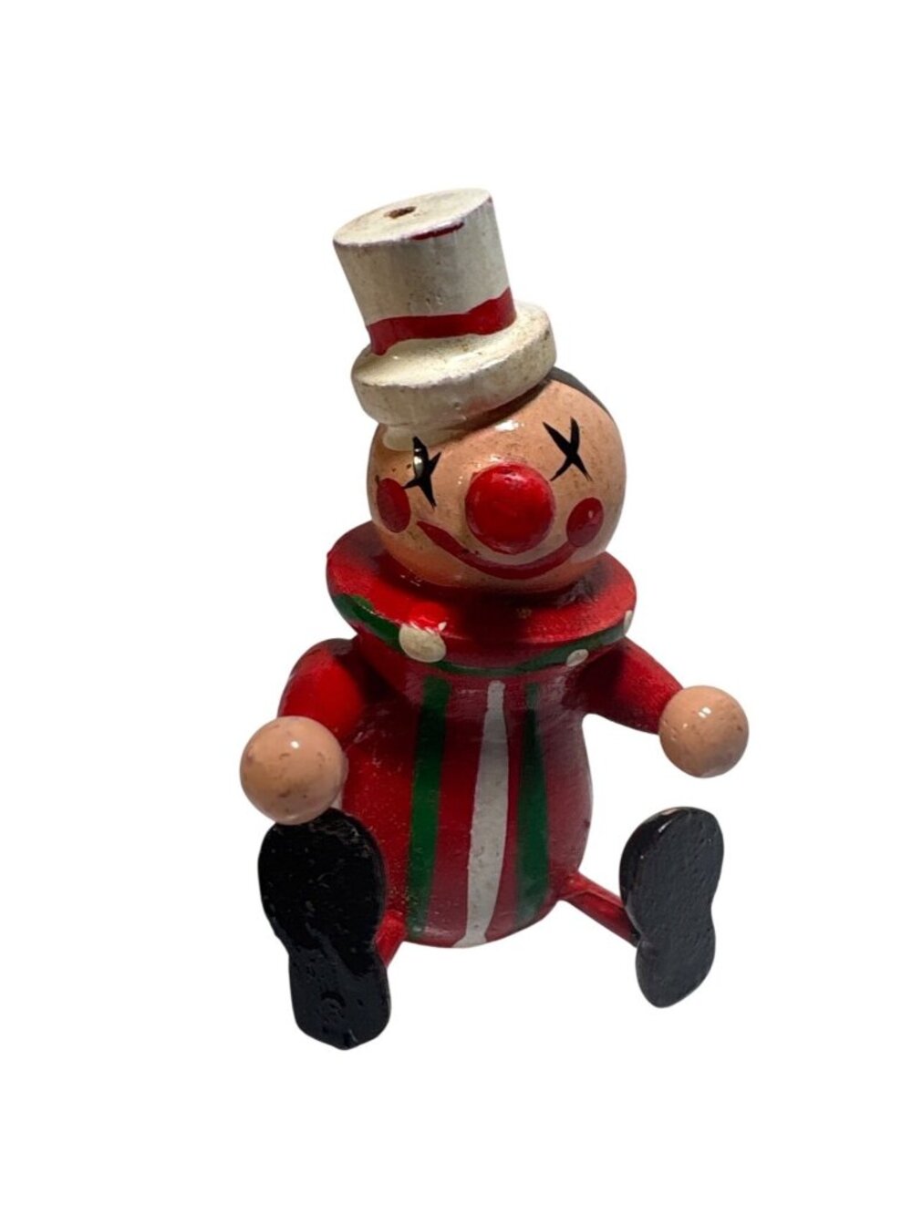 Wooden Clown Figurine With Striped Outfit & Top Hat 2.75 Inches Tall Vintage